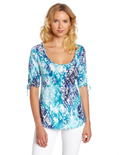 Lucky Brand Women's Tribal Watercolor Tina Top, Blue Multi, Large