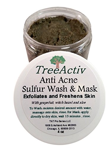 TreeActiv Anti Acne & Rosacea Treatment Sulfur Mask Plus Rhassoul, Bentonite Clay Mask with Witch Hazel & Aloe Vera - Refreshing Lemon Scent (1 Jar)