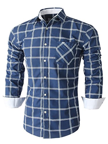 Emiqude Mens Casual Slim Fit Long Sleeve Pocket Constrast Plaid Dress Shirt