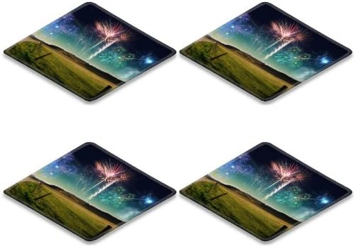 Fire Works Sparkler July 4Th Indpendance Square Coaster (4 Piece) Set Fabric Rubber 5 Inch Size Liil Coaster Cup Mug Can Water Bottle Drink Coasters Stain Resistance Collector Kit Kitchen Table Top Desk