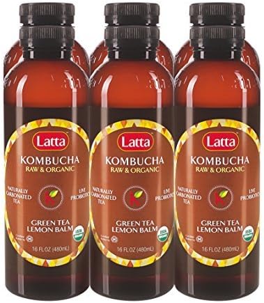 Kombucha Green Tea Lemon Balm , Raw and Organic, Only 2g of Sugar, Promotes Healthy Weight Loss, Packed with Probiotics, Certified Kosher, All Natural and Gluten Free Pack of 6 X 16 oz Bottles by Latta