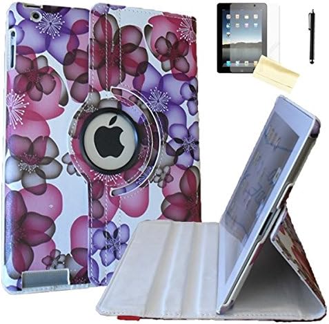 iPad Mini Case - JYtrend (TM) 360 Degrees Rotating Stand Leather Magnetic Smart Cover Case With Wake Sleep Feature For iPad Mini 1/iPad Mini 2/iPad Mini 3, With Free Screen Protector, Stylus and Cleaning Cloth, Purple Flower