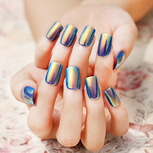 24pcs Fashion Style Symphony Shell Color Blue Metal Shine Bent Lady Artificial False Nail Tips Z089