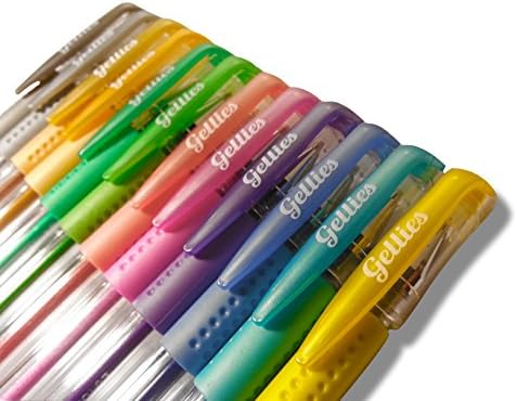 Gellies, 12 Piece Gel Pens, Rollerball Pens, Shiny Colors, Easy Handling with Rubber Grip, Portable Case, Metallic, Red, Blue, Cyan, Green, Jade, Violet, Pink, Orange, Copper, Gold, Silver, and Black