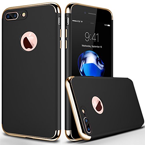 iPhone 7 Plus Case, COOLQO Ultra-thin 3in1 Plastic Electroplated Hard Frame + Tempered Glass Screen Protector Slim fit Shockproof PC Matte Cover Skin & Case for Apple iPhone 7 Plus 5.5 (Black)