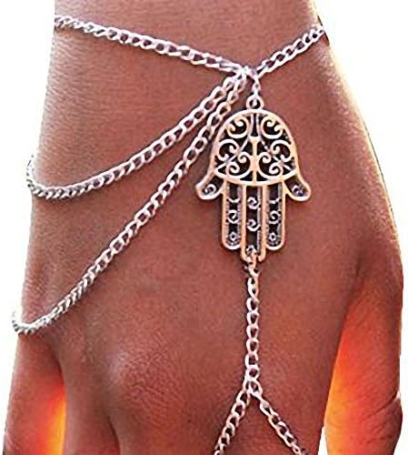 Fashion New Silver Hamsa Fatima Bracelet Finger Ring Bangle Slave Chain