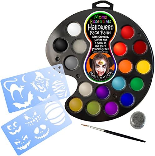 FACE PAINT &amp; STENCIL HALLOWEEN KIT. All you need for 160+ Facepaints or Tattoos. Easy Online Guide, Hypoallergenic, 16 Colors, Glitter, Glow-in-the-Dark Green, Brush, Sponge &amp; online guide. 100% USA