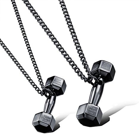 Fourling Pendant Necklace Stainless Steel Fitness Dumbbell Personalized with "Enjoy the fun of sports-Enjoy a htalthy life" Charm Workout Gym Jewelry for Mens Lovers - Black