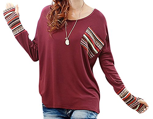 VonFon Womens Plus Size Splicing Long Sleeve Sleeved Loose T-shirt