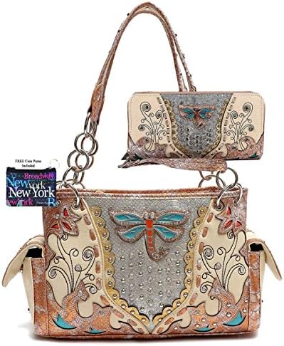 Western Purse Wallet Set, Dragonfly Collection, Metal Dragonfly, Plus NY Coin Purse (Coral)