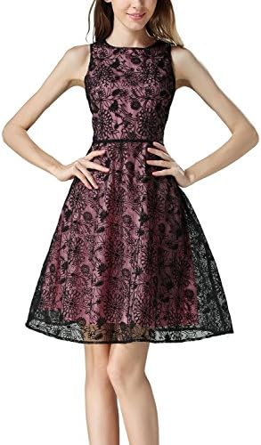 Women Sleeveless Backless Floral Lace Tank Flare Cocktail Party Skater Dress Medium Pink