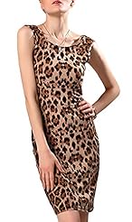 Round Neck Polyester Open-Back Knee Length Leopard Print Sleeveless  Dress