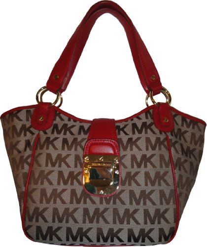 Women's Michael Kors Purse Handbag Charlton Medium Tote RTW Jacquard Beige/Ebony/Red