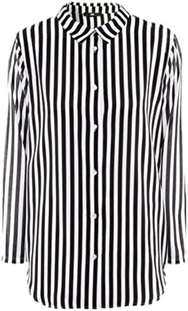 Haolicheng Women's Slim Vertical Striped Turn-down Collar Long Sleeve Blouse Black&White L