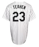 MLB Men's Chicago White Sox Mark Teahen White/Black Pinstripe Home Short Sleeve 6 Button Synthetic Replica Baseball Jersey Spring 2012  (White/Black Pinstripe, Large)
