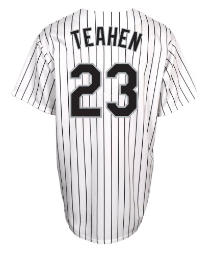 MLB Men's Chicago White Sox Mark Teahen White/Black Pinstripe Home Short Sleeve 6 Button Synthetic Replica Baseball Jersey Spring 2012  (White/Black Pinstripe, Large)