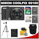 Nikon Coolpix S9100 12.1 MP Digital Camera (Black) with 8GB Card + (2) Batt ....