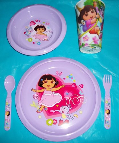 5 Piece Dora Dinnerware Set Dora Dinner Plate/Dora Cereal Bowl/16 oz. Lenticular Tumbler/Dora Fork and Spoon