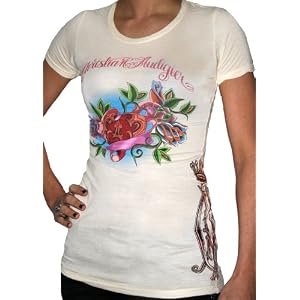 CHRISTIAN AUDIGIER Ed Hardy Womens 100% Bamboo Heart Rose Tattoo T-Shirt Tee Top Winter White