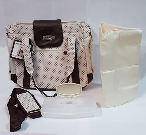 Baby Bella's Skinly Diaper Tote/Messenger Bag w/ changing pad, wipe container &amp; bottle holder (Pearl White w/ Rosewood Dots &amp; Brown Leather Trimming)