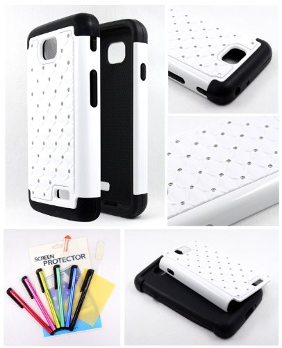 Thousand Eight(TM) For LG Optimus L70 Diamond Studded Silicone Rubber Skin Hard Case + [FREE LCD Screen Protector Shield(Ultra Clear)+Touch Screen Stylus] (Diamond white)