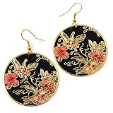 Japanese Style Floral Disk Earrings (Gold&Black)