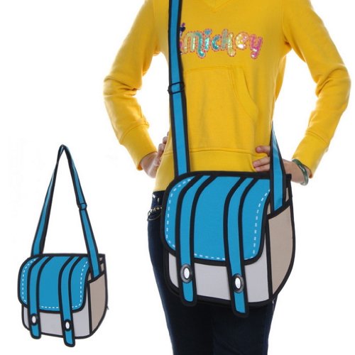 Gray Blue Crossbody Satchel 3d Jump Style 2d Drawing From Cartoon Paper Bag Gift