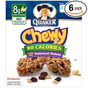 Quaker Oatmeal Raisin Chewy Granola Bars 90 Calories, 8 Bars per Pack (Pack of 6)