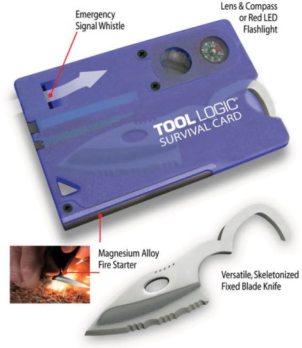 Tool Logic SVC1B Survival Card I,Tool Card With Knife, Fire Starter, Whistle, Compass And Lens, Translucent Blue