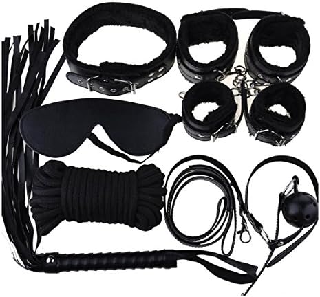 Bepety 7 Pcs Leather Bondage Kit Set Restraints Handcuffs Rope Mask Collar Whips Ball Blindfolds Black