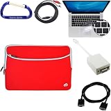 Bundle Set: Red Apple MacBook Pro / MacBook Air 13.3 Inch Laptop Carrying Sleeve Zipper Case, Keyboard Silicone Skin Cover, Mini DisplayPort Male to VGA Female Adapter, VGA Male to Male 6 Feet Extension Cable, 3.5mm to RCA Auxilliary Stereo Cable, and a Free Carabiner Key Chain