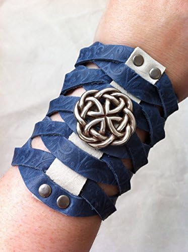 Twisted Gladiator Wrist Corset Leather Bracer Cuff of Vine Embossed Distressed Denim Lapis Blue with Bone Leather and Silver Celtic Infinity Knot Concho.