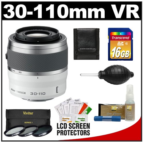 Nikon 1 30-110mm f/3.8-5.6 VR Nikkor Lens (White) with 16GB Card + 3 UV/CPL/ND8 Filters + Cleaning & Accessory Kit for Nikon 1 V1, J1 Interchangeable Lens Digital Camera