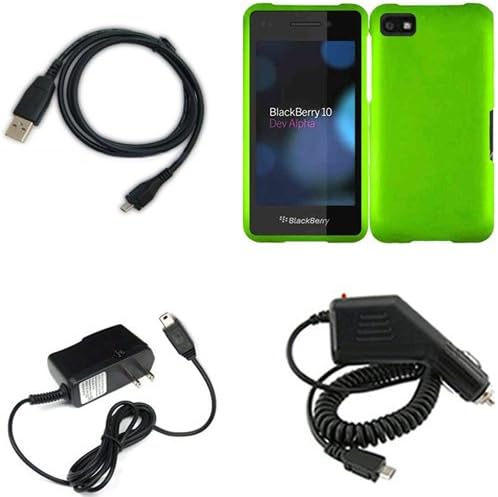 iFase Brand Blackberry Laguna Z10 Combo Rubber Neon Green Protective Case Faceplate Cover + Home Wall Charger + Rapid Car Charger + USB Data Charge Sync Cable for Blackberry Laguna Z10