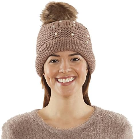 Samshine Fur Lined Winter Knit Beaded Beanie Cap with Pom Pom (Coffee)