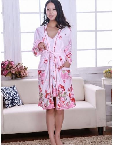 two pieces pajamas 100% cotton Nightgown spaghetti strap spring and autumn female robe pink peony size L