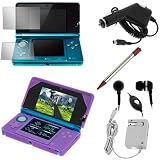 GTMax Black 3.5mm Stereo Headset Handsfree Soft Gel Earbud with Microphone + Car Charger + Home Wall Charger + Clear LCD Screen Protector +Dark Purple Silicone Case + Red Retractable Metalic Stylus for Nintendo 3DS