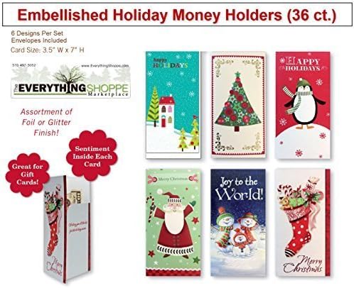 Assorted Embellished Gift Card, and Money Holder Cards for Christmas, Assorted with Penguins, Trees, Santa, Snowman, Stockings (36 Cards) by Christmas Money Holders