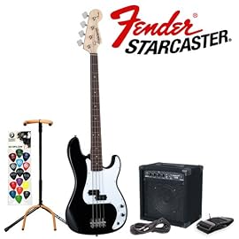 Fender Starcaster Black Precision Bass Electric Bass Pack - Includes: Black Starcaster P Bass, Planet Waves Strap, Bass Cable, Planet Waves/GO-DPS 16-Pick Sampler (PW-SAMPLER), Ultra Bass Stand & 15 Watt Bass Amp
