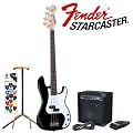 Fender Starcaster Black Precision Bass Electric Bass Pack - Includes: Black Starcaster P Bass, Planet Waves Strap, Bass Cable, Planet Waves/GO-DPS 16-Pick Sampler (PW-SAMPLER), Ultra Bass Stand & 15 Watt Bass Amp