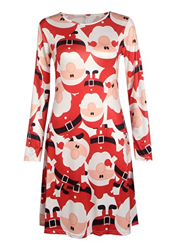 Genluna Women's Long Sleeves Christmas Santa Claus Print Flared Swing Dress