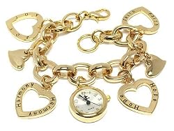 Gold Joy Harmony Hope Faith Heart Charm Chain Watch Jewelry