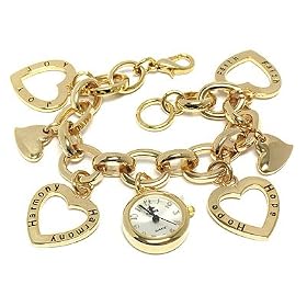 Gold Joy Harmony Hope Faith Heart Charm Chain Watch Jewelry