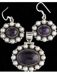 Amethyst Pendant with Pearl Border and Matching Earrings Set - Sterling Silver