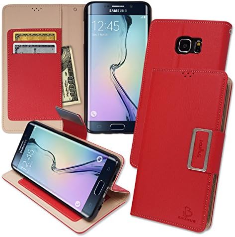S6 Edge Plus Magnetic Kickstand Wallet Case, Samsung Galaxy S6 Edge+ Soft Foldable Leather Diary Flip Cover, 10 Colors (Red)