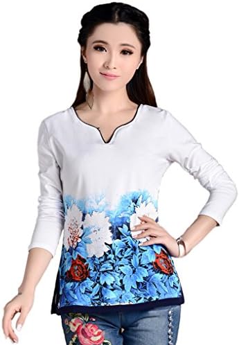CDCLOTH Women's Chinese Style Autumn Exquisite Printing Long-sleeved T Shirt Size 0 US White