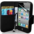 F�r Apple iPhone 4 4G 4S Buch-Stil Kunstledertasche in Schwarz H�lle Mit Magnetverschlu� Etui Tasche Case Schutzh�lle - Plus Mit Touchscreen Eingabestift im Mini Format, LCD Displayschutzfolie und Reinigungstuch Inklusive