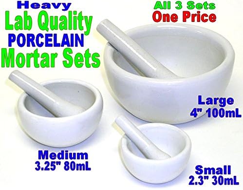 Mortar with Pestle, Lab Quality Porcelain, 30ml, 80ml & 100ml, 3 Piece Set