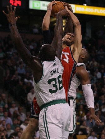 New Jersey Nets v Boston Celtics: Brook Lopez, Shaquille O'Neal and Glen Davis Photographic Poster Print by Elsa ., 9x12