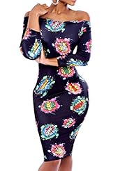 Sexy Floral Print Spandex Off the Shoulder Bodycon Dress/Club Dress/Tunic 